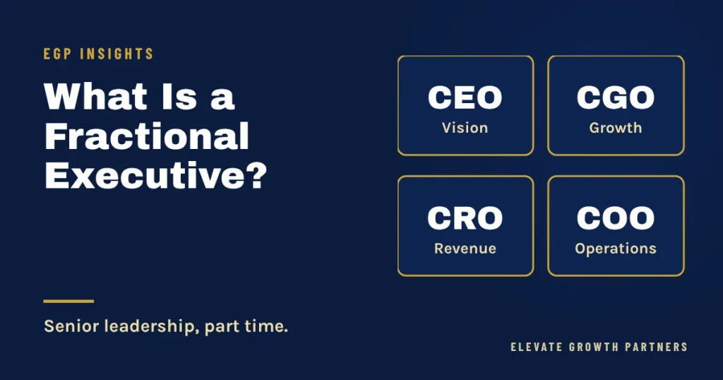 What is a fractional executive: four tiles labeled CEO, CGO, CRO, and COO with the words Vision, Growth, Revenue, and Operations